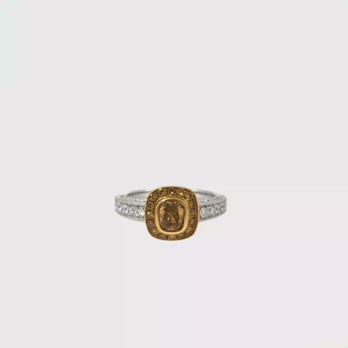 360 video of The Saffron Halo Ring, 1.70ct Brown & Yellow Diamond, 18K White Gold by Benji Designs