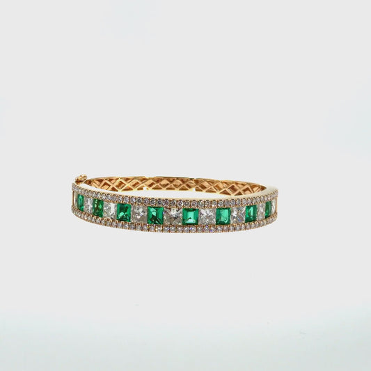 360 video of The Emerald Garden Bangle, 7.50ct Diamond & 3.50ct Emerald, 14K Yellow Gold by Benji Designs