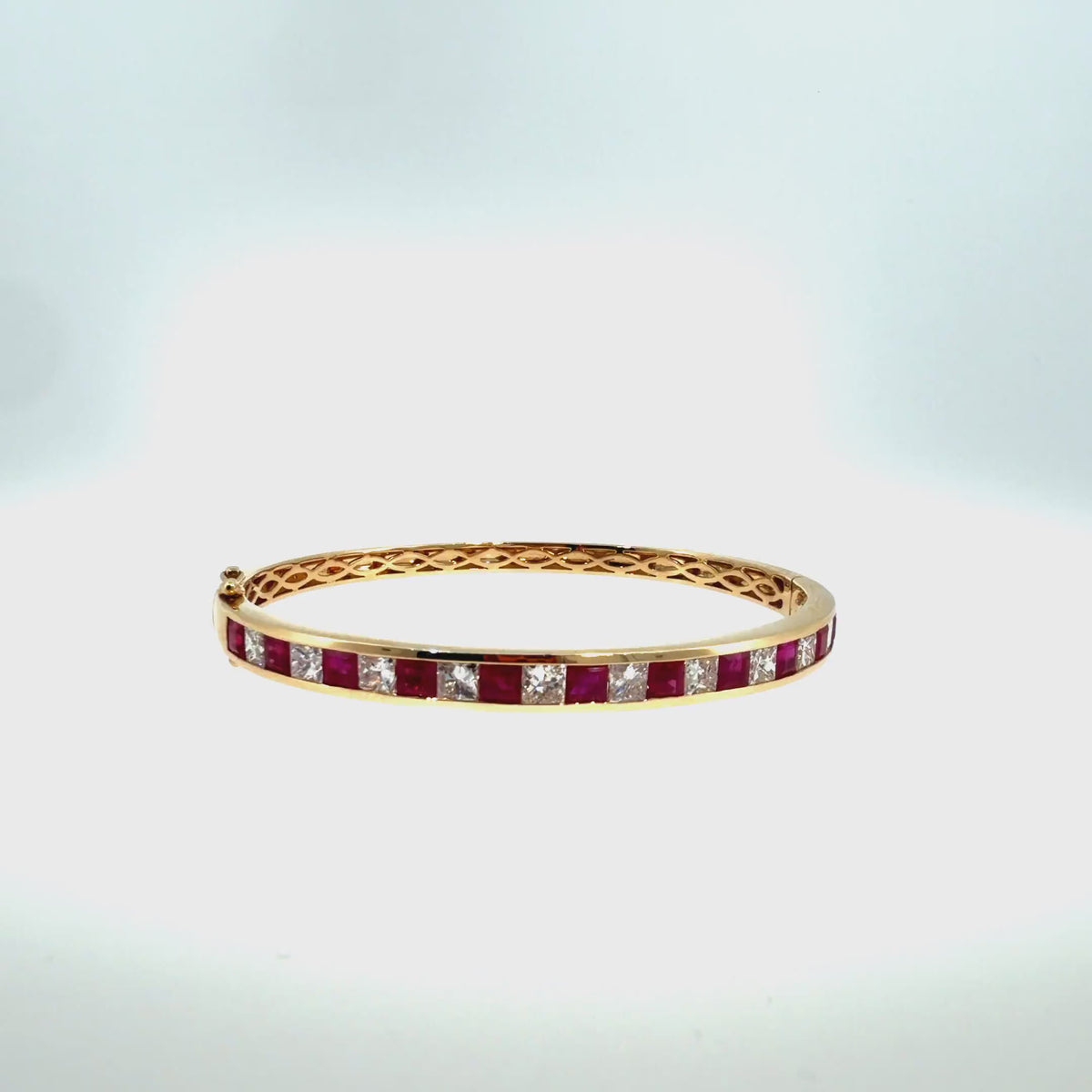 360 video of The Crimson Row Bangle, 4.00ct Ruby & 3.00ct Diamond, 14K Yellow Gold by Benji Designs