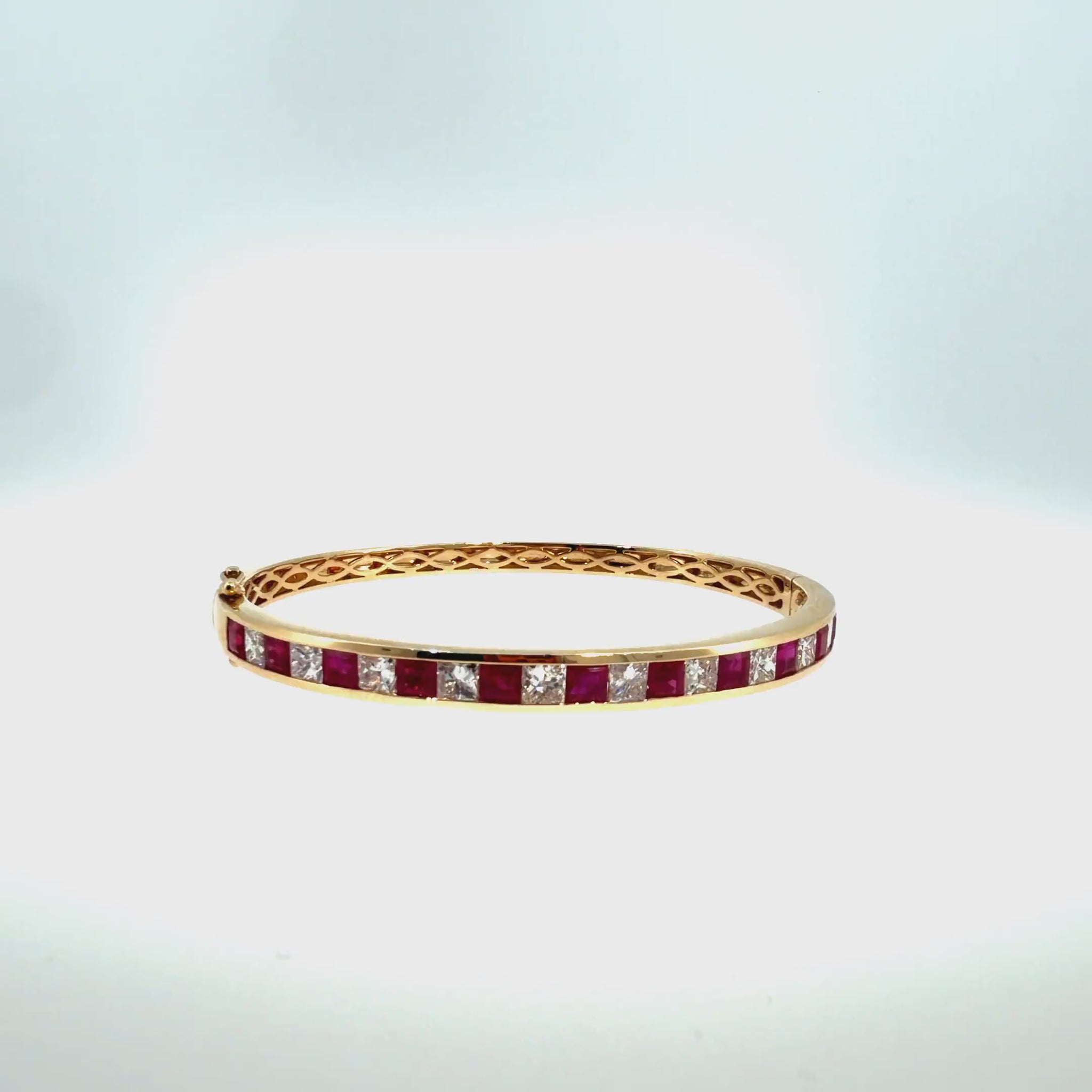 360 video of The Crimson Row Bangle, 4.00ct Ruby & 3.00ct Diamond, 14K Yellow Gold by Benji Designs