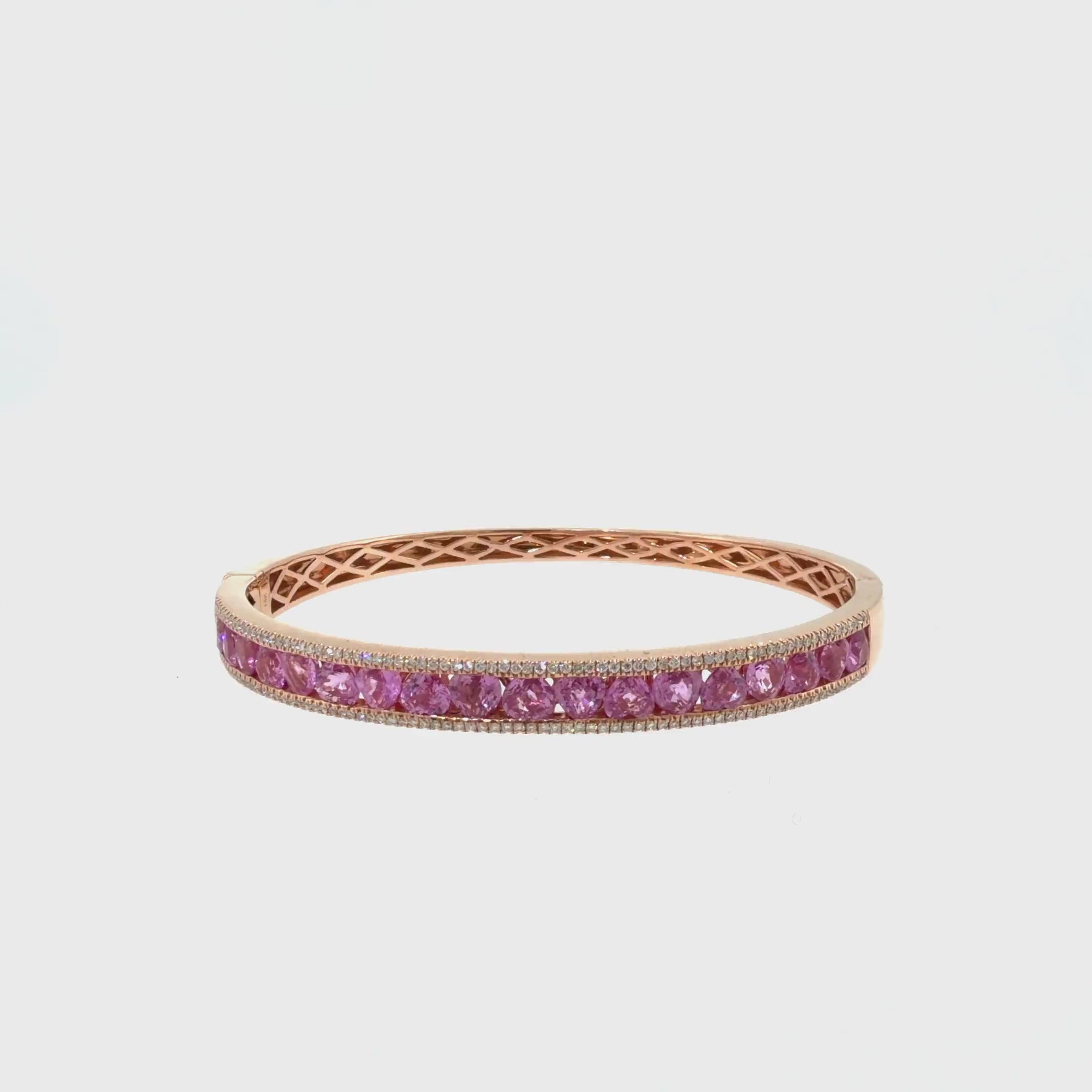 360 video of The Pink Champagne Bangle, 6.60ct Pink Sapphire & Diamond, 14K Rose Gold by Benji Designs