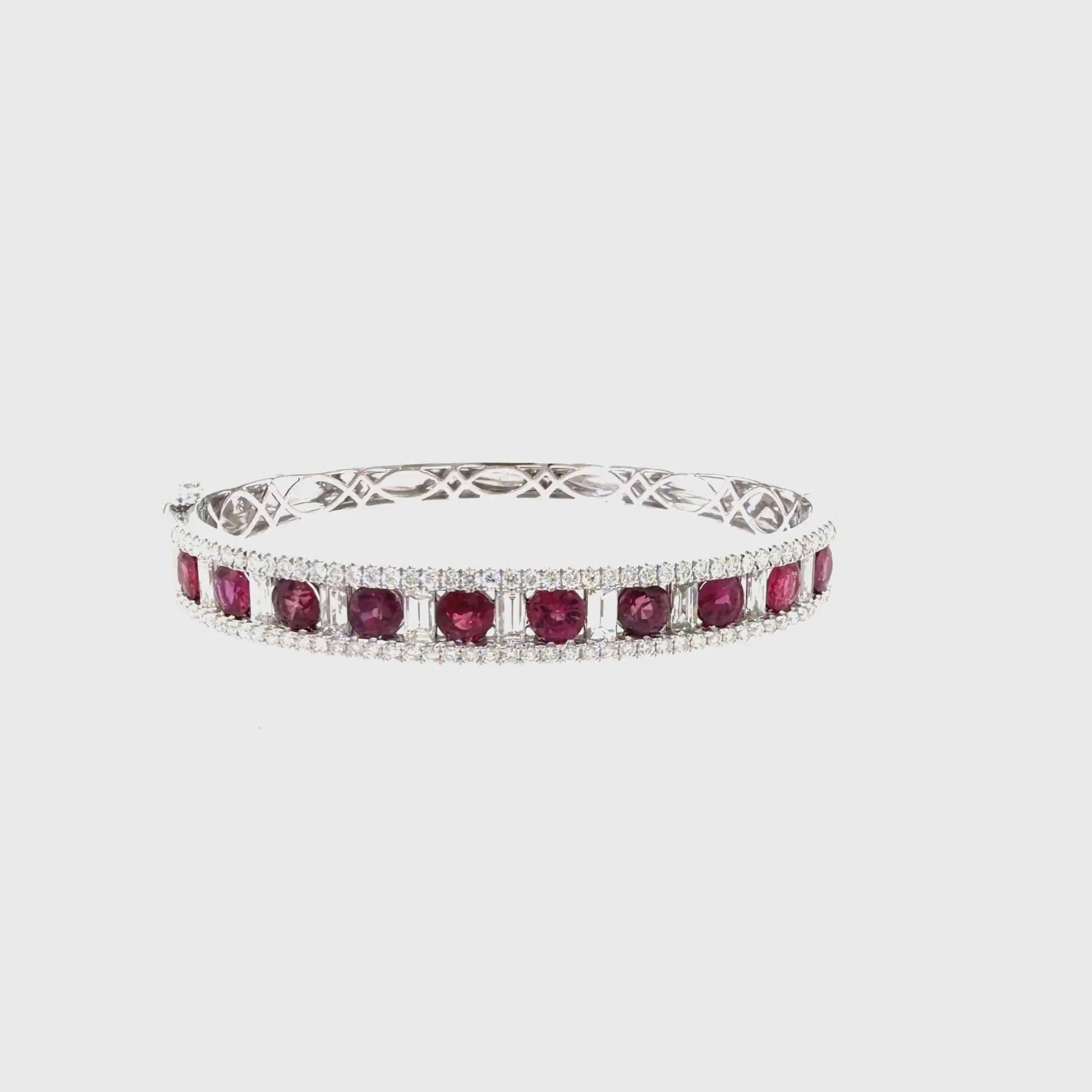 360 video of The Scarlet Gala Bangle, 9.25ct Ruby & Diamond, 14K White Gold by Benji Designs